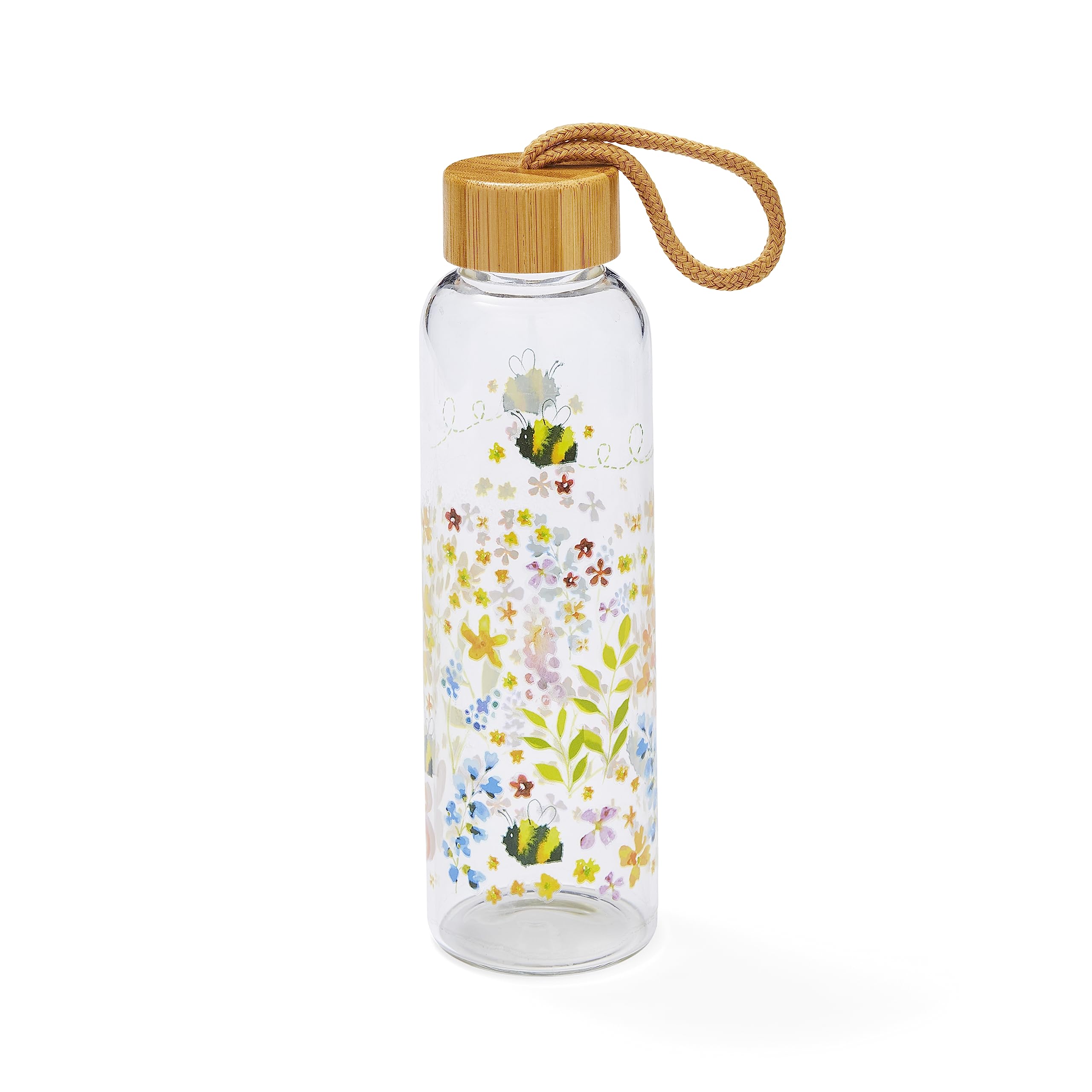 Cooksmart 500ml Glass Water Bottle | Eco Friendly Glass Bottle With Lid & Carry Handle | Glass Bottles For Office, Sports or On The Go - Bee Happy