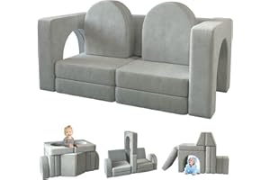 wanan Kids Couch 10PCS, Modular Kids Play Couch for Playroom Bedroom, 10 in 1 Multifunctional Kid Sofa for Playing, Creativing, Sleeping, Indoor Toddler Couches for Boys and Girls(Grey)