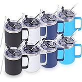 Volhoply 12oz Insulated Leakproof Coffee Mug with Flip & Straw Lid Bulk 8 Pack,Double Wall Vacuum Stainless Steel Travel Tumbler Cup with Handle,Reusable Camping Mugs Keep Cold/Hot(Assorted,8 Set)