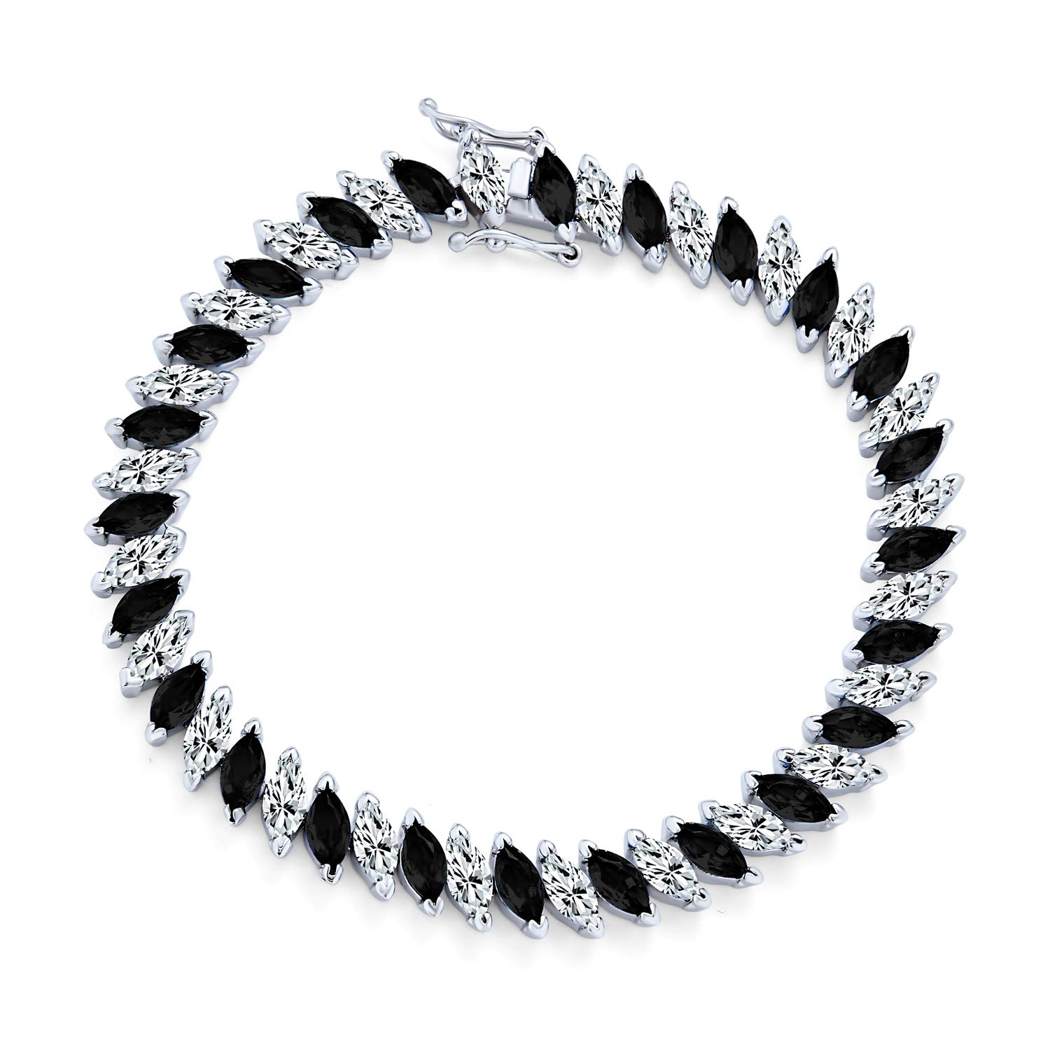 Bling Jewelry Traditional Bridal Vintage Style Cubic Zirconia Marquise Shape AAA CZ 25 CTW Alternating Simulated Black White Clear Tennis Bracelet For Women Wedding Silver Plated 7"