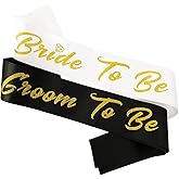 Bride and Groom to Be Sash Set, White and Black Satin Soft Sashes with Gold Glitter Letter for Bridal Shower Engagement Bachelorette Party Decorations Supplies