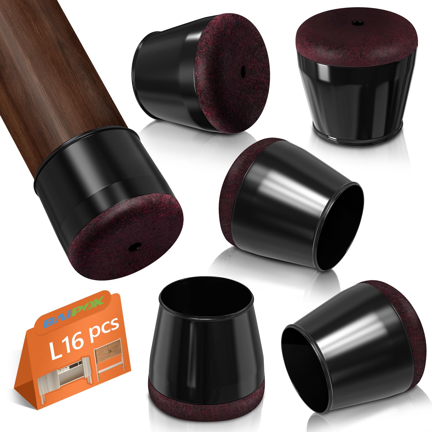 Photo 1 of 16Pcs Black Chair Leg Floor Protectors for Hardwood Floors Silicone Chair Leg Covers Caps Thickened Felt Pads Furniture Feet Bottom Protectors Anti Scratch Reduce Noise (Black L Fit 1.14"-1.42")