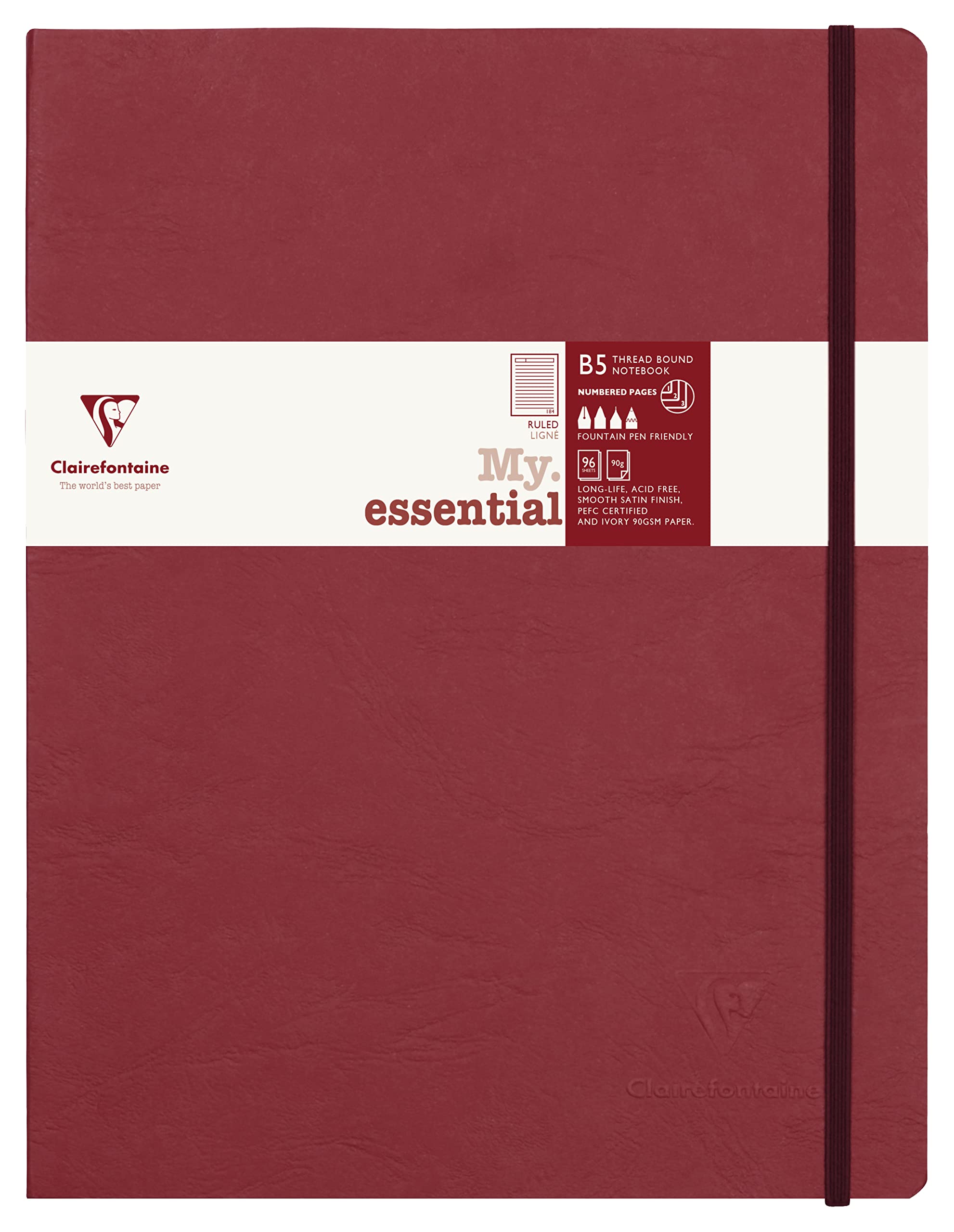 Clairefontaine 794462C Collection Age Bag MyEssential Stitched Notebook Red - B5 19x25cm - 192 Numbered Lined Pages - 90g Ivory Paper - Leather Hardcover