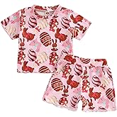 Socutebabe Toddler Baby Girl Easter Outfit Egg Bunny Print Short Sleeve Tops T-shirt Cute Shorts Set Baby Girl Summer Clothes