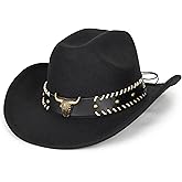 Wide Brim Men and Women's Western Cowboy Hat Fedora-Jazz-Hat with Bull Head Band Decoration