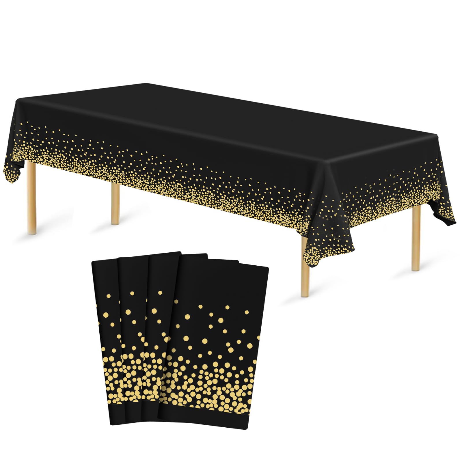 Bouiexye 4 Pack Disposable Table Cloth 54 x 108 Inch Plastic Tablecloth Gold and Black Rectangular Tablecloths for Indoor Outdoor Party Birthdays Weddings Christmas Anniversary Buffet Table
