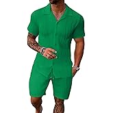 UOUA Summer Outfits for Men 2 Piece Short Sleeve Button Down Shirt & Shorts Set Casual Vacation Beach Tracksuit