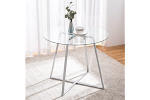 BACYION Round Glass Dining Room Table for 4, 35.1" Modern Tempered Glass Top, Sturdy Chrome Legs, Adjustable Foot Pads, Kitchen Table for Living Room, Dining Room,Tea,Home