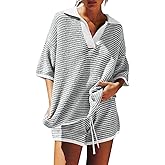 Tankaneo Womens Sweater Set 2 Piece Outfits Oversized 3/4 Sleeve V Neck Knit Tops High Waisted Shorts Lounge Sets