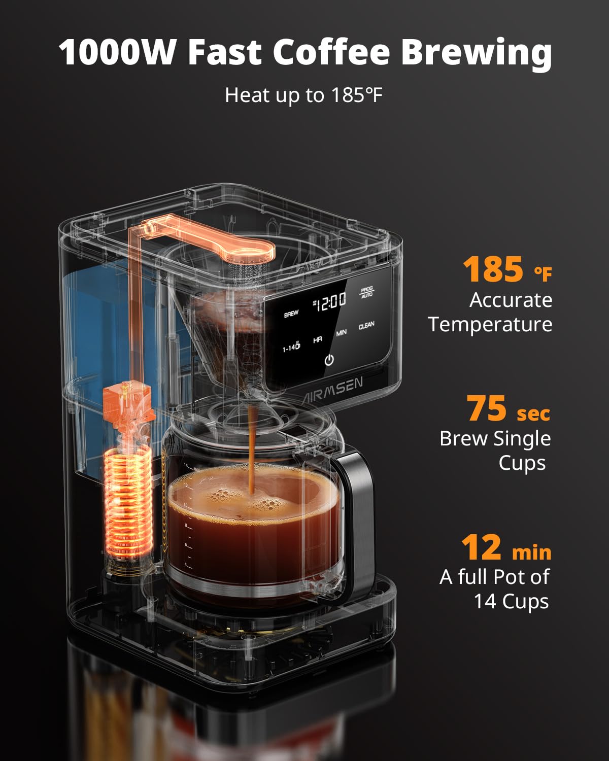 AIRMSEN Cafetera de goteo programable de 14 tazas – Cafetera de preparación rápida de 1000 W con temporizador, inicio diferido y mantenimiento del calor en 2 horas, tanque de 73 oz, pantalla táctil y jarra de vidrio – Perfecta para uso en el hogar y la oficina