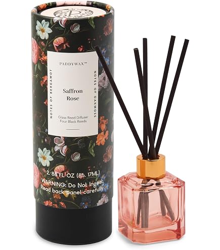 tobacco and patchouli diffuser Reed Bright notes of cassis and kaffir lime lead into a heart of Damask rose and vanilla flower Paddywax Petite Reed Diffuser Set
