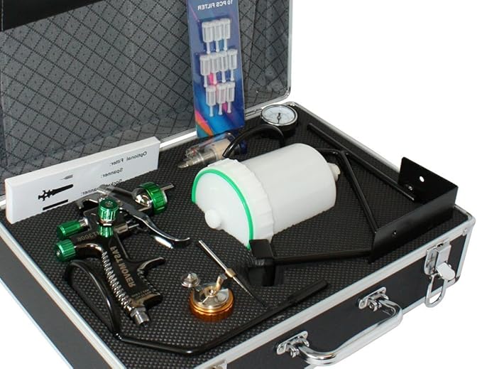 LVLP Lackierpistolenset mit 1,3mm & 1,8mm Düsensatz, inkl. Lackierpistolenhalter und hochwertigem Alukoffer