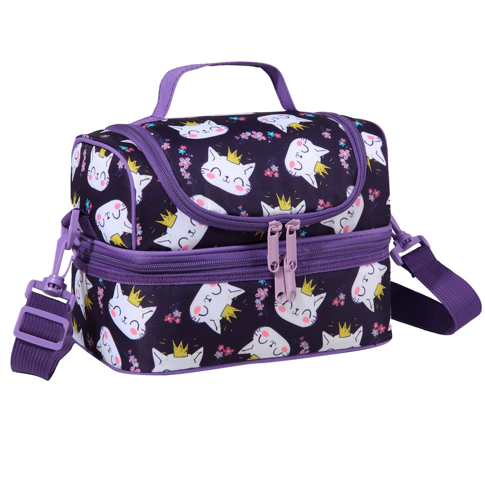 Lunch Bag for Kids,ChaseChic Insulated Lunch Boxes Bag Lightweight Water-Resistant Cooler Bag for Boys Girls in Dual Compartment Leak-Proof Lunch Organizer Purple Cats