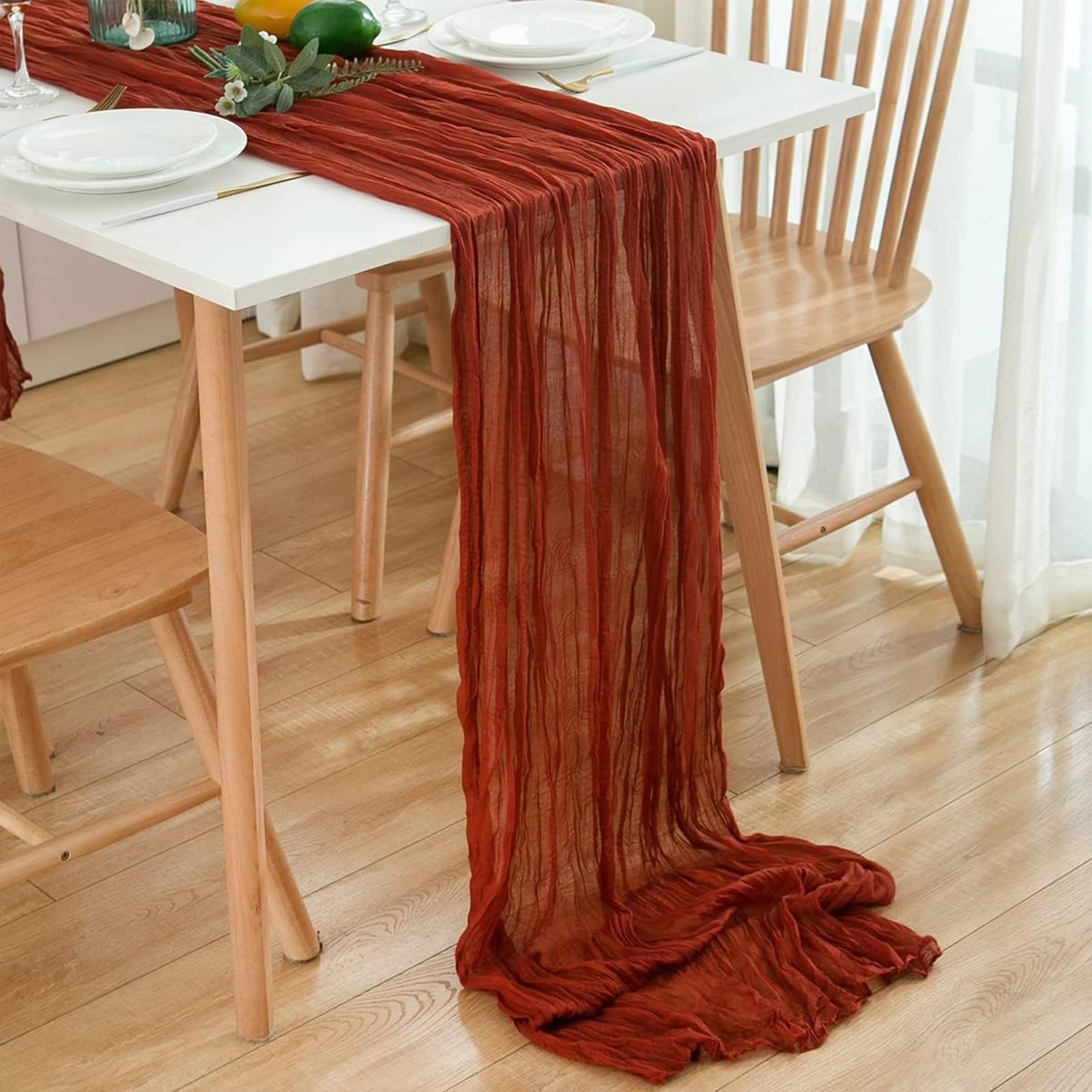 PAITOK Cheesecloth Table Runner,90 * 300 CM Boho Gauze Fabric Tablecloth Rustic Table Cover Muslin Decorative Fabric for Wedding Baby Shower Party Table Decoration(Terracotta)