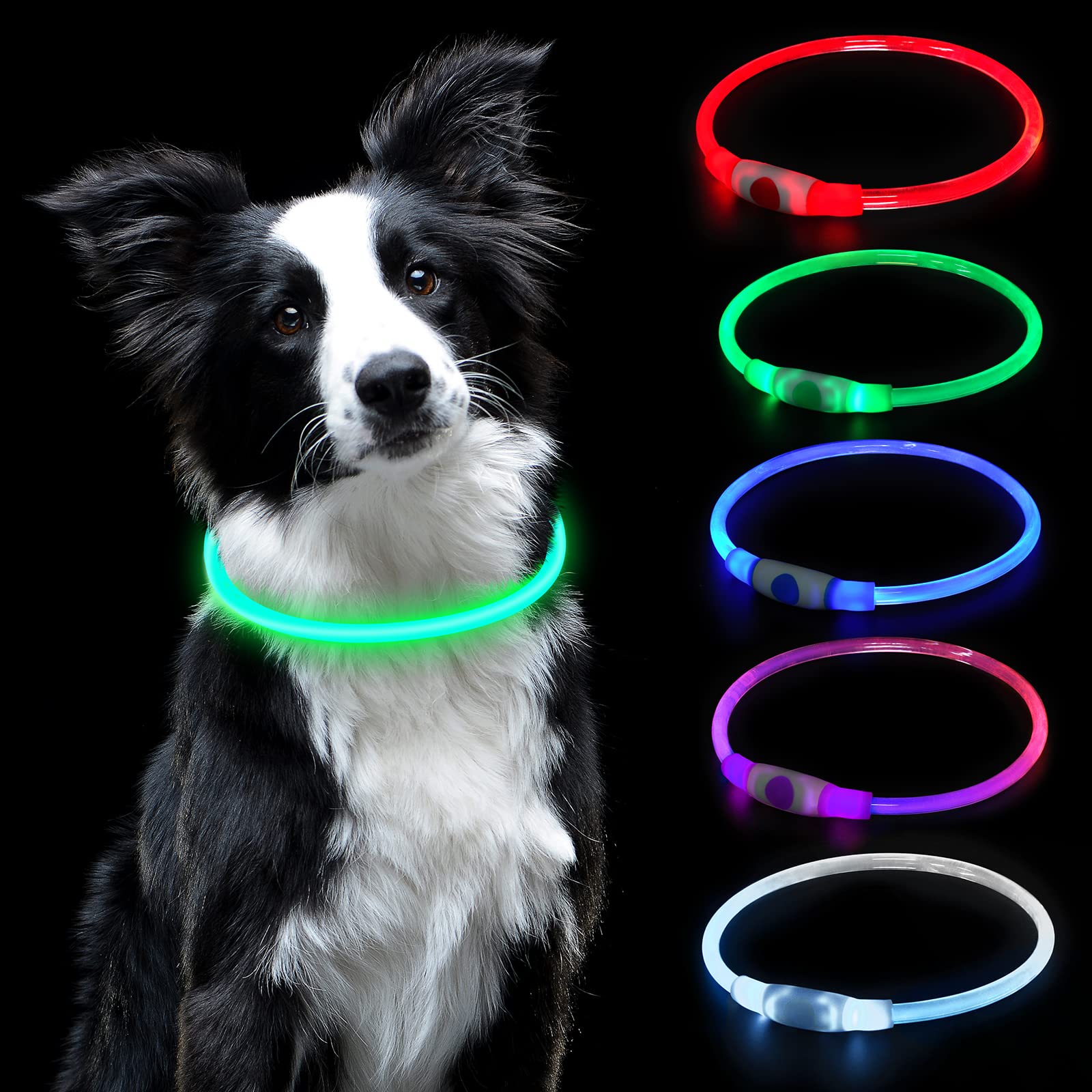 AUAUY LED Dog Collar, Light Up Dog Collars USB Rechargeable, Glowing Collar, Universal Flash Dog Necklace Light, Reusable Pet Safety Necklace for Small Medium Large Cats and Dogs-Multicolor — image 1