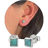 Handmade Turquoise Gemstone Square 4mm Stud Earrings, 925 Sterling Silver Studs for Women, Cartilage Earring, Tarnish & Water Resistant, By Miya Jewelry Creations