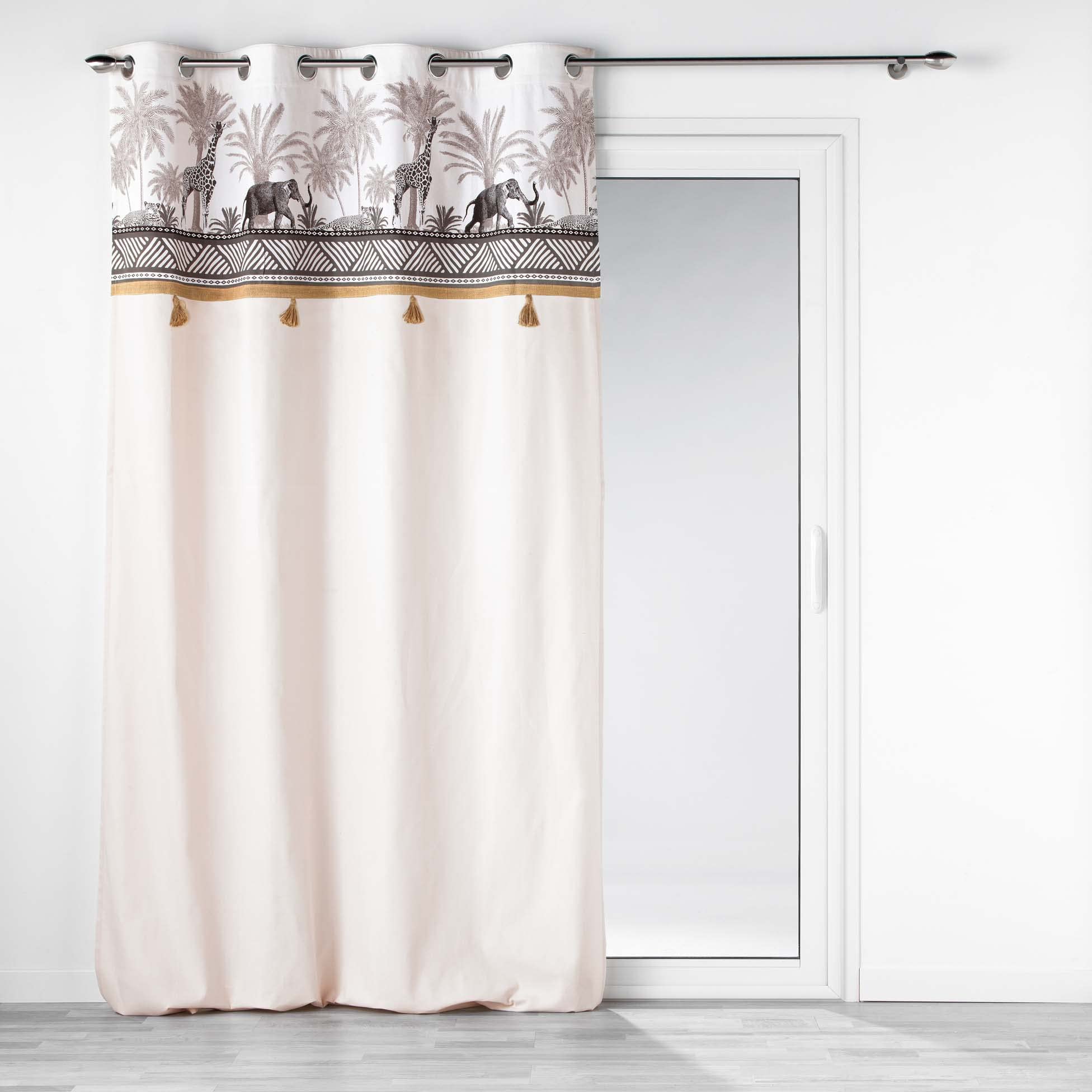 Douceur d'Intérieur, Kenya Lodge Curtain with Eyelets (140 x 240 cm) Natural Cotton Printed Top and Tassels