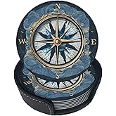 Aicreat 6 Pcs Compass Theme Leather Coasters for Drinks with Holder Coaster Sets Drink Table Cup Coasters for Living Room Kitchen Coffee Car Decor