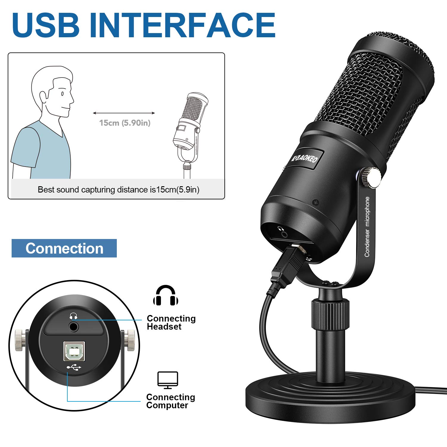 Aokeo USB Microphone, Condenser Podcast Microphone for Computer. Suitable for Recording, Gaming, Desktop, Windows, Mac, YouTube, Streaming, Discord