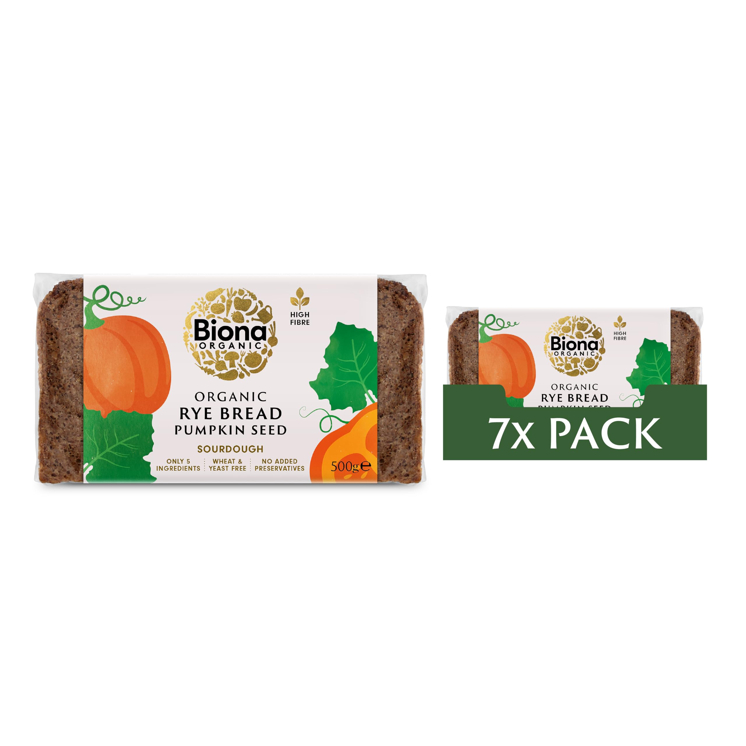 Biona Organic Rye Bread with Pumpkin Seed 500 g, Pack of 7- Free from Wheat, No Added Yeast - Wholegrain Rye Meal and Natural Sourdough - High in Fibre - Vegan