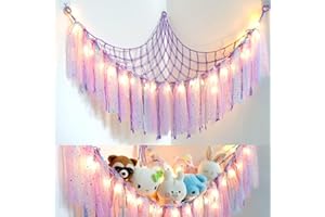 Dremisland Stuffed Animals Storage with Fairy Lights Toy Hammock Hanging Stuffed Animal Storage Organizer Holder with Lace Ta