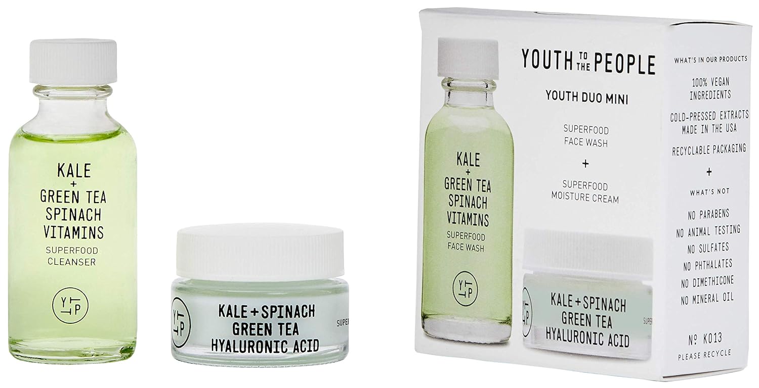 Youth To The People Superfood Duo Clean Skin Care Set - Mini Cleanser (1oz) + Moisturizer (0.5oz) - Gentle Gel Face Wash and Hyaluronic Acid Face Cream - Travel-Size Vegan Skincare: Beauty
