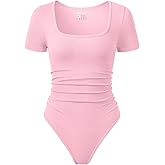 OQQ Women Bodysuits Ruched Short Sleeve Square Neck Stretch Lounge Travel Bodysuits