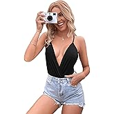 SweatyRocks Women's Deep V Neck Backless Cami Top Ruched Wrap Bodysuit Jumpsuit