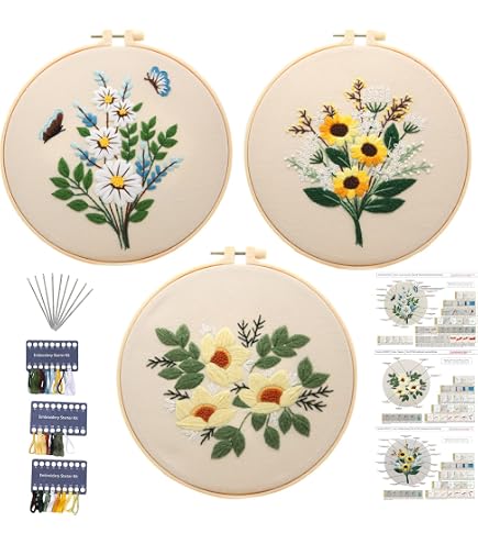 Kit Broderie Débutant - Motif Fleurs Brillant Avec Cercle 20cm, Fils Et Aiguilles - Idéal Point De Croix DIY
