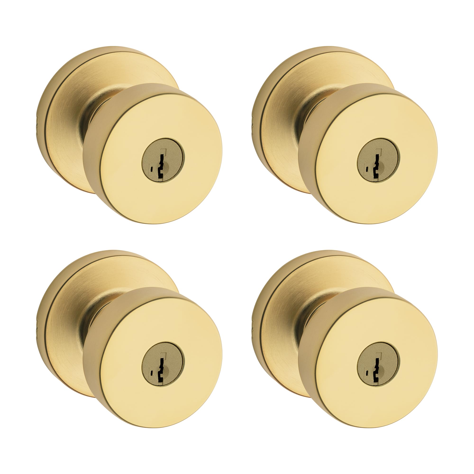 Kwikset Pismo Entry Door Knob with Lock and Key, Secure Keyed Handle Exterior, Front Entrance and Bedroom, Satin Brass, 4 Pack, Pick Resistant SmartKey Rekey Security Image