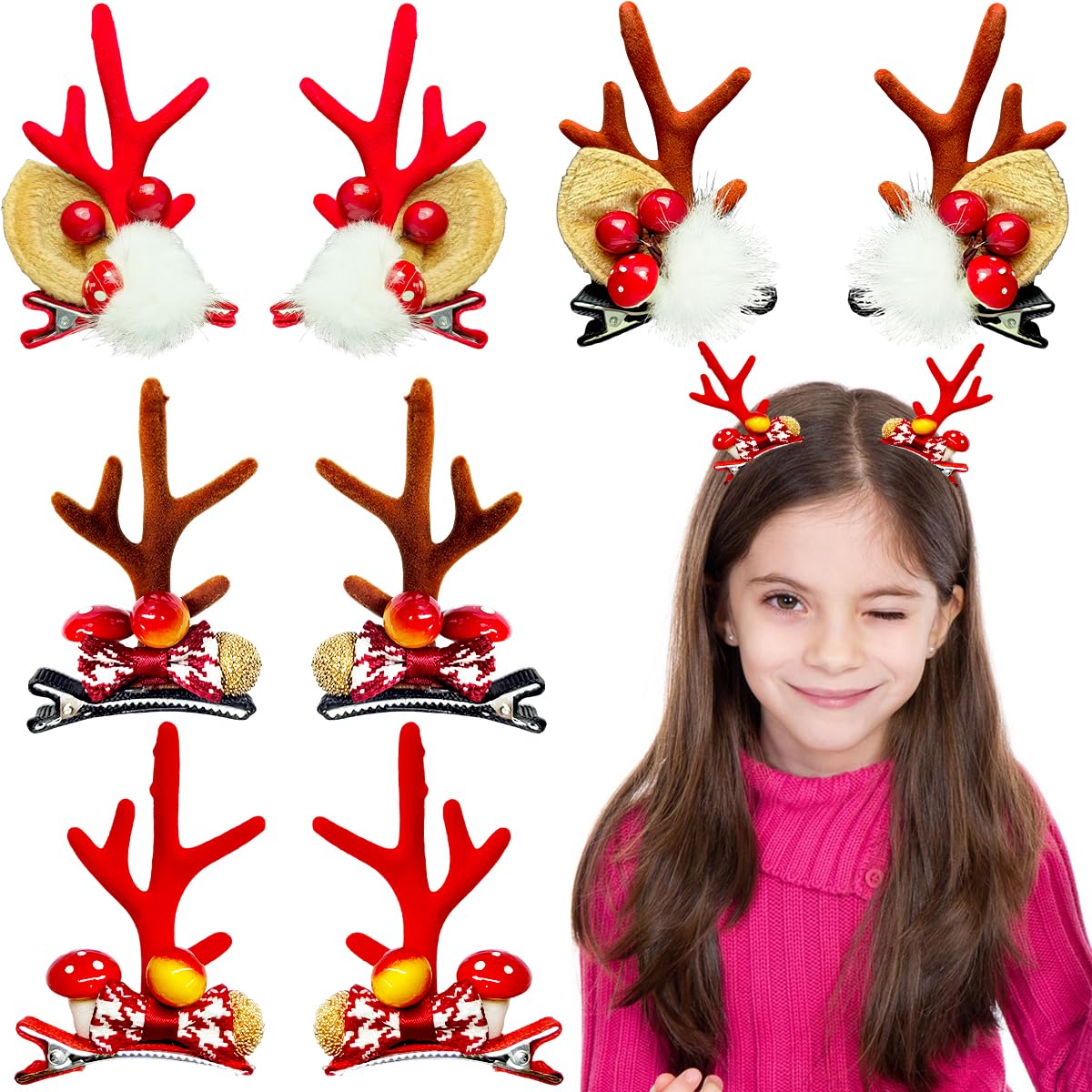 Photo 1 of 8 Pieces Christmas Hair Clips Cute Reindeer Antlers Ears Clips Glitter Hair Accessories for Women Girls Christmas Party Favor(Lovely)