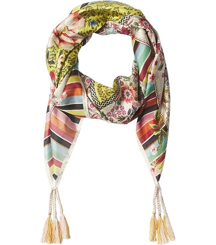 Johnny Was Floral 100% Silk Scarf with Tassels JOHNNY WAS Pink Multi Green Multi Silk Pre Loved Floral  main image 3