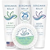 BERGMAN KELLY Round Soap Bars, 2in1 Shampoo & Conditioner, and Travel Size Lotion 3-Piece Set (White Tea, 1 oz ea, 75 pc), Revitalizing & Refreshing Sanitary Toiletries Hotel Amenities