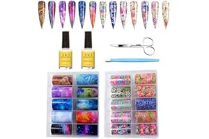 Kalolary 20 Color Starry Sky Stars Nail Art Foil with Nail Glue, Holographic Nail Art Transfer Stickers DIY Decoration, for Nail Art Salon or Home Use