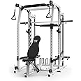 Marcy 3 in 1 Smith Machine Home Gym System with Upper and Lower Dual Cable Crossovers and Adjustable Bench for Full Body Training, Black