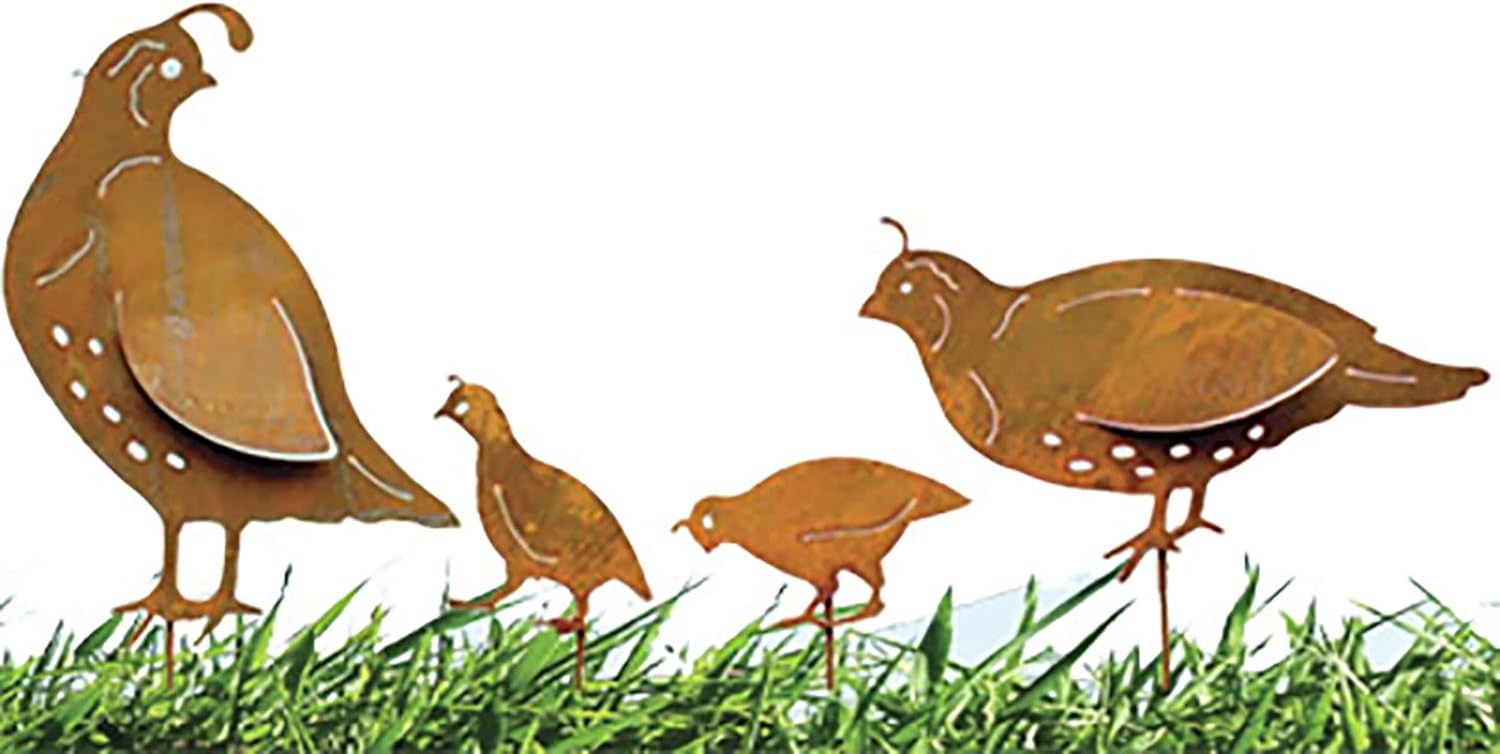 California Home and Garden CH507Z Metal Rustic Rust Set of 4 Quail Family Planter Pick, 14-Inch x 7-Inch Wide, 7 Inch Tall, Brownish Red