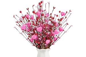 HINSLY 6 Pack Valentine’s Day Picks Artificial Berry Flower Stems Picks with Pink Hearts for Valentines Day Decor and Gifts Wedding Anniversary Decorations(16inch Pink)