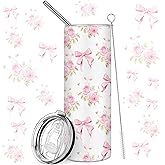 Geiserailie Coquette Pink Bow Tumbler 20oz Vintage Bow Floral Stainless Steel Coffee Cup with Lids and Straws Back to School Gifts Aesthetic Flower Tumbler for Women Friend Birthday Party