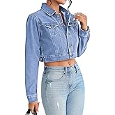 AiiUp Cropped Jean Jacket for Women Long Sleeve Classic Casual Crop Top Denim Jackets Coat