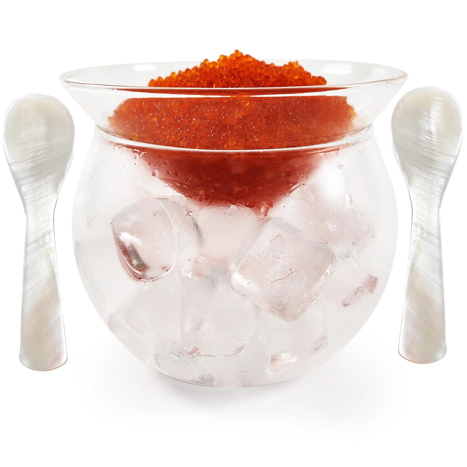 Photo 1 of ***MISSING SPOONS***FANQIEW Glass Caviar Serving Set with 2 Pcs Mother of Pearl Spoons Caviar Dish Chiller Server Set with Ice Holder and 3.5 Inch Caviar Spoon for Shrimp Ice Cream Sauce Dishwasher Safe***MISSING SPOONS***