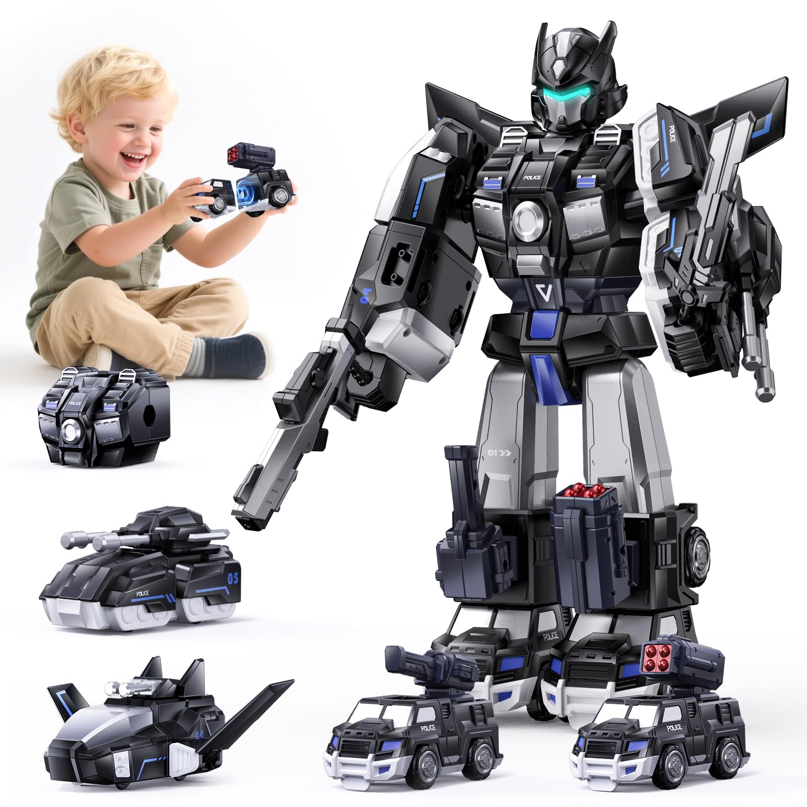 VEEVIFUN 5 in 1 Magnetic Transforming Robot Toys Gifts for 3 4 5 6 Year Old Boys, Police Truck Toys for Boys, STEM Educational Building Gift for 3-6 Year Old Boy Toy