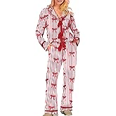 Lshyuehao Bow Pajamas Set for Women Cute Bow Tie Long Sleeve Shirt Pants Satin Silk Heart 2 Piece Pjs Set Sleepwear