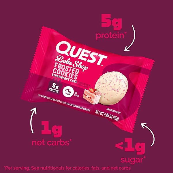 QUEST NUTRITION FROSTED PROTEIN COOKIES, STRAWBERRY CAKE, 1G SUGAR, 11G PROTEIN, 2G NET CARBS, GLUTEN FREE, 8 COUNT