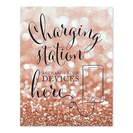 Andaz Press Wedding Party Signs Glitzy Rose Gold Glitter 8 5x11 Inch Charging Station Snap Chat Instagram And Tweet Away Recharge Your Phone Here Sign 1 Pack Bokeh Colored Party Supplies Amazon In Health Personal