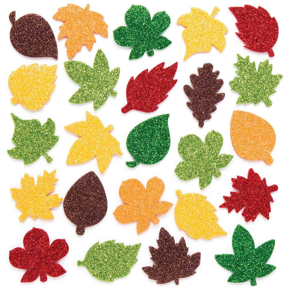 Baker Ross AR656 Leaf Glitter Stickers-Pack of 144, Embellishments and Stick Ons for Autumn Craft Activities, Asst Colours, 2.5-4 cm