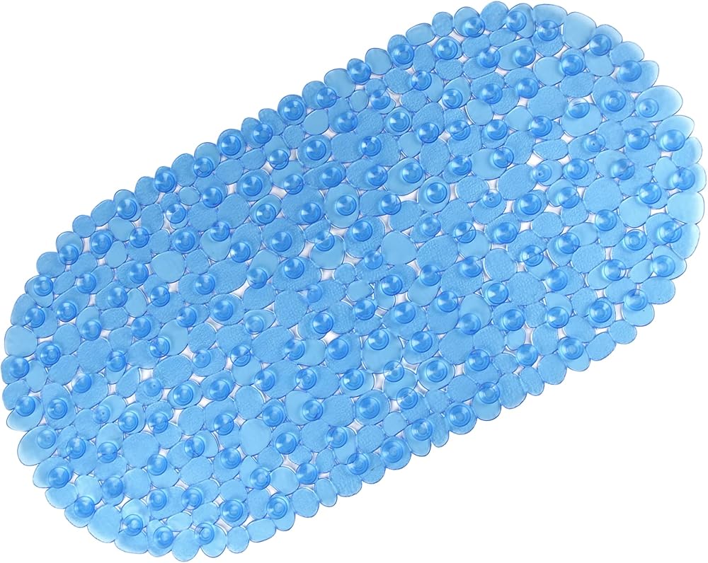WELTRXE Bath Mat Non Slip Anti Mould 69 x 36 cm Blue Pebble PVC