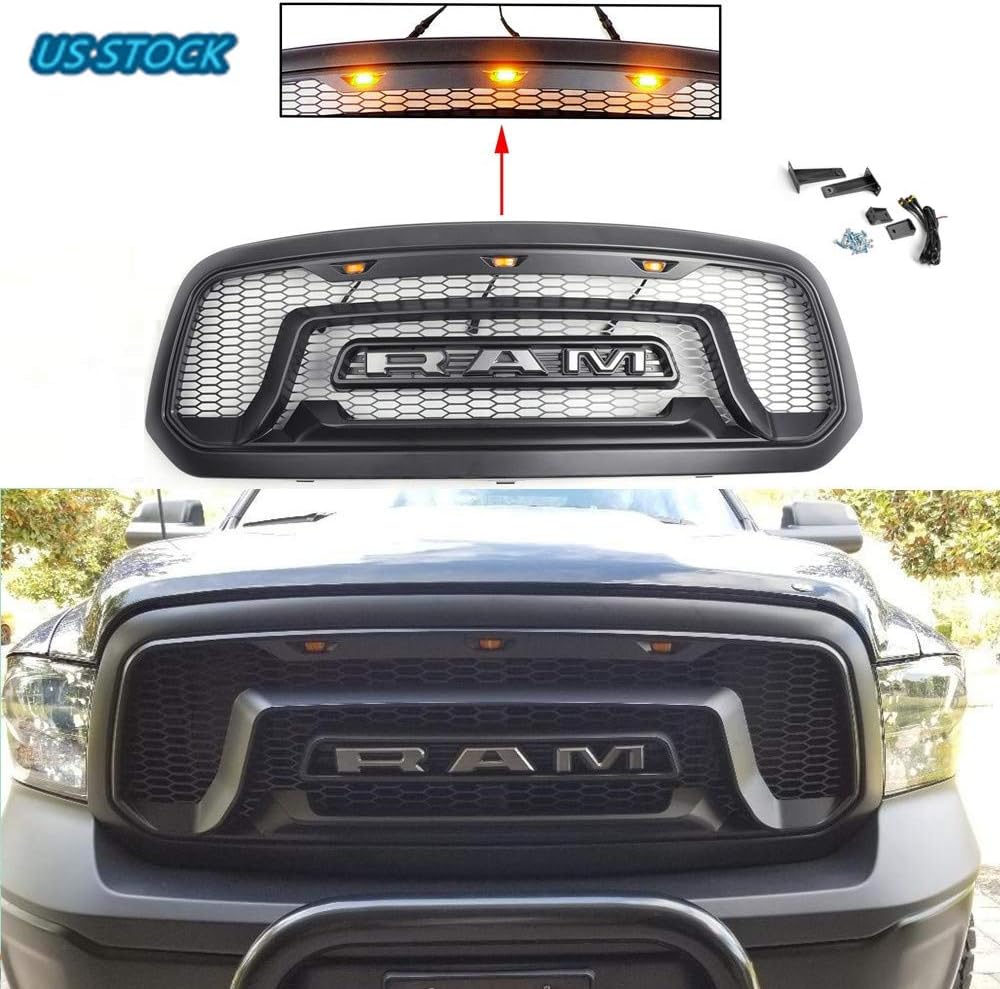 ASPEIKE Replacement Grille for 2013-2018 Dodge Ram 1500 Honeycomb Grill With 3 Amber LED lights, R&A&M Letters, More Cool Appearance, BLACK (ONLY FIT RAM 1500 and RAM 1500 Big Horn Model）