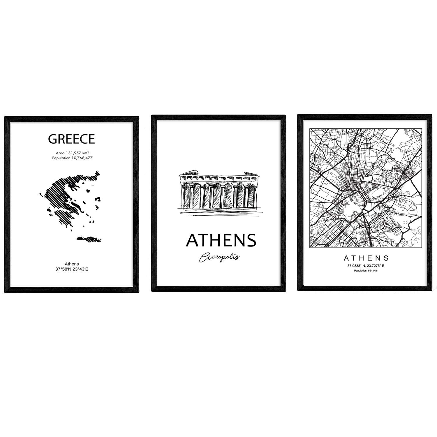 Nacnic Pack of posters and monuments countries. Athens city map, map Greece Acropolis monument. A3 size