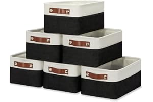 HNZIGE Baskets Small Storage Baskets Fabric Bins(6 Pack) Decorative Baskets for Shelves, Empty Gift Baskets with Leather Handles, Foldable Baskets for Organizing (Black&White,11.8" x 7.8" x 5.1")