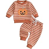 Lukivech Halloween Toddler Baby Boy Outfit Pumpkin Embroidered Striped Long Sleeve Sweatshirt and Jogger Pants Set